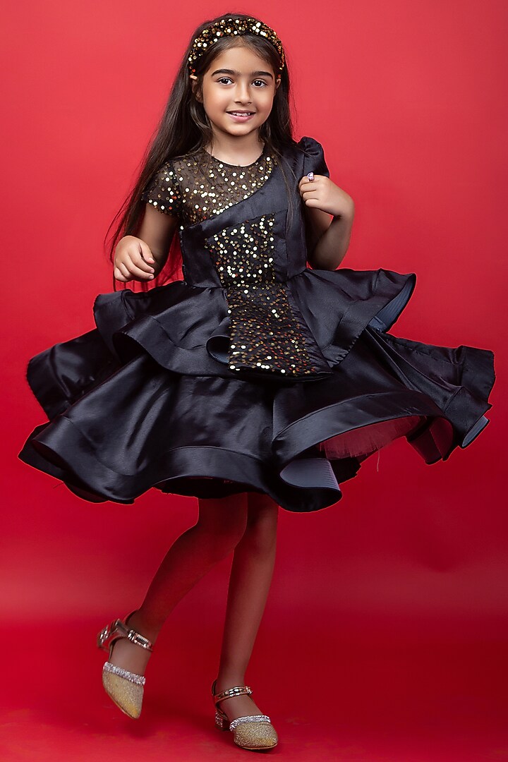 Black Sequins Double Layered Dress For Girls by Jelly Jones at Pernia's Pop Up Shop