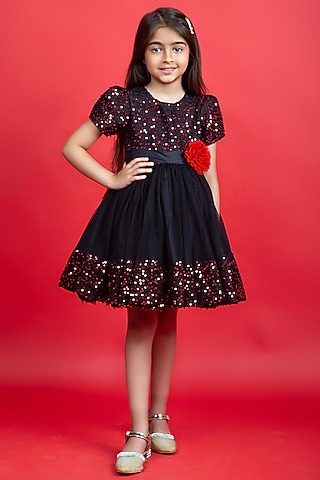 Black Sequins Embroidered Dress For Girls by Jelly Jones