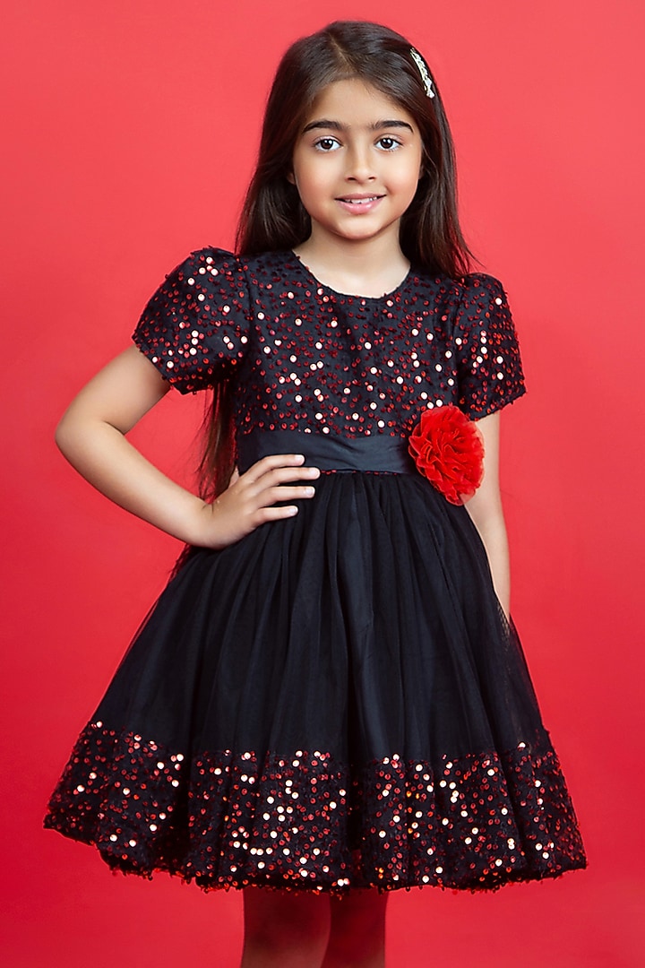 Black Sequins Embroidered Dress For Girls by Jelly Jones at Pernia's Pop Up Shop