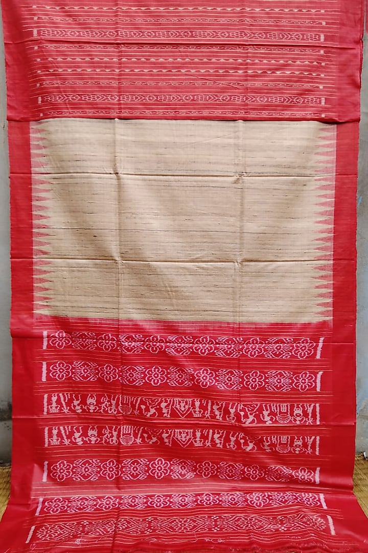 Beige Tie-Dye Handwoven Tussar Saree by Jagjeeban