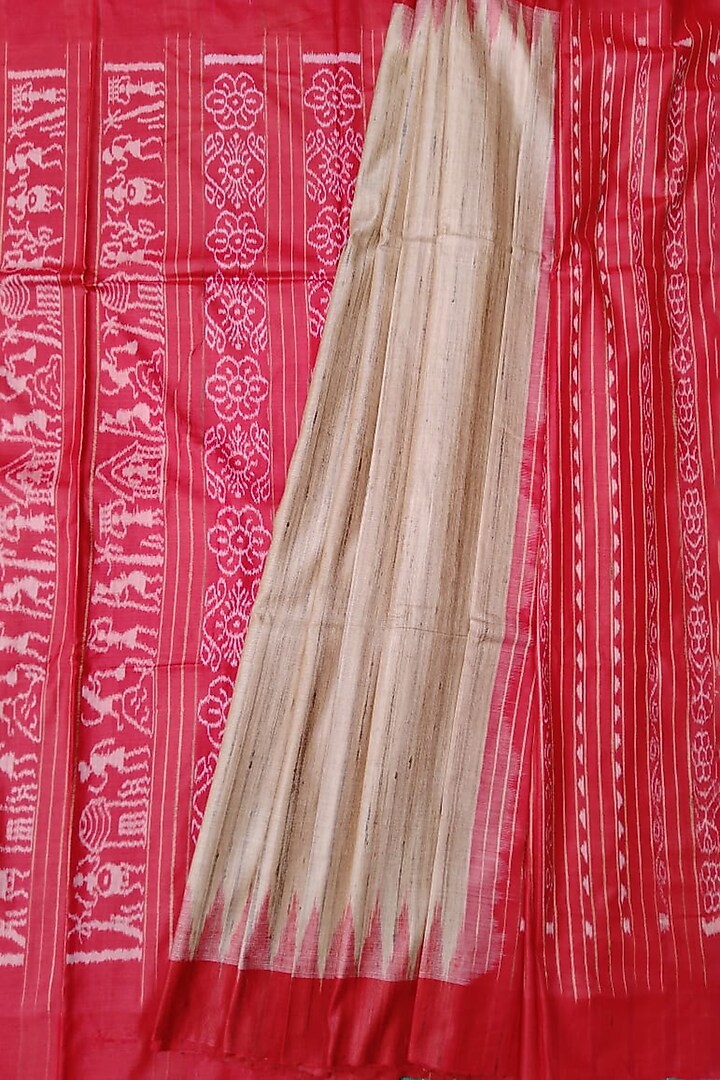 Beige Tie-Dye Handwoven Tussar Saree by Jagjeeban at Pernia's Pop Up Shop