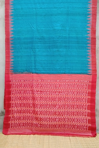 Turquoise & Red Handwoven Tie-Dye Saree by Jagjeeban