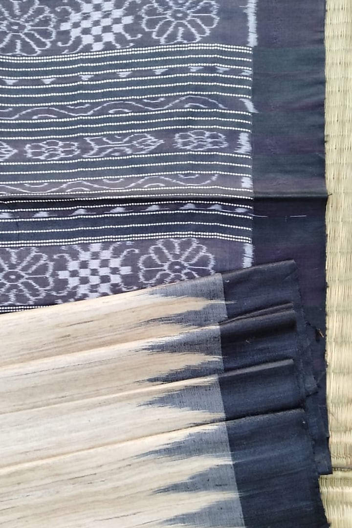 Beige & Black Handwoven Tie-Dye Saree by Jagjeeban