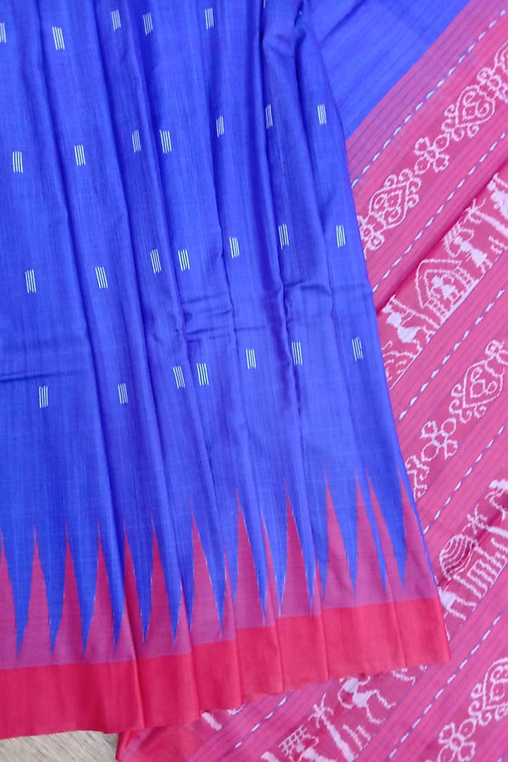 Blue & Red Handwoven Tie-Dye Saree by Jagjeeban