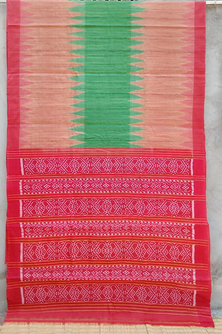 Beige & Green Handwoven Tie-Dye Saree by Jagjeeban