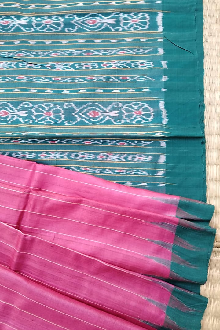 Pink & Green Handwoven Tie-Dye Saree by Jagjeeban