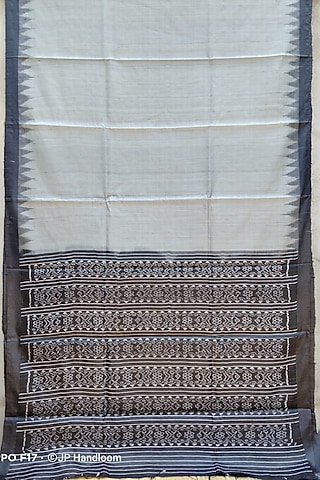 Beige & Black Handwoven Saree With Tie-Dye Pallu by Jagjeeban