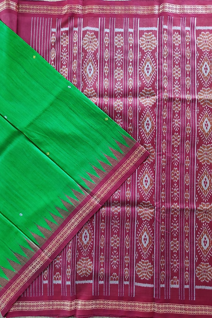 Green & Brown Handwoven Tie-Dye Saree by Jagjeeban