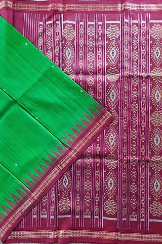 Green & Brown Handwoven Tie-Dye Saree by Jagjeeban
