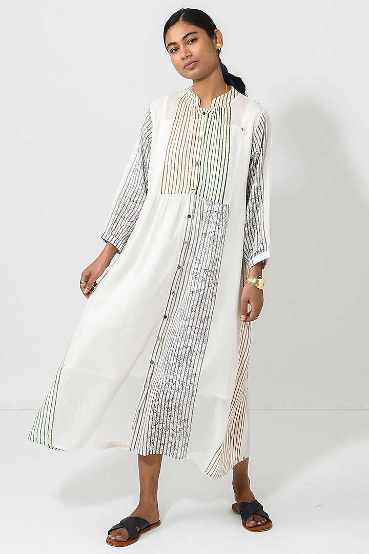 White Cotton Printed Shirt Dress by Jayati Goenka