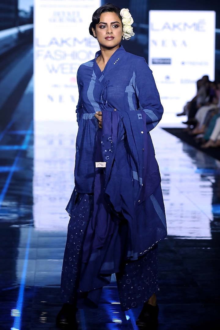 Indigo Blue Painted Dress With Tunic & Printed Pants by Jayati Goenka