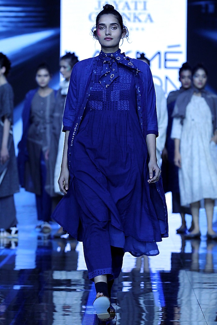 Indigo Blue Embroidered Dress With Tunic & Pants by Jayati Goenka