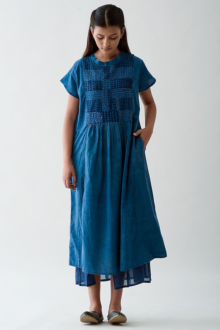 Indigo Hand Embroidered Dress by Jayati Goenka