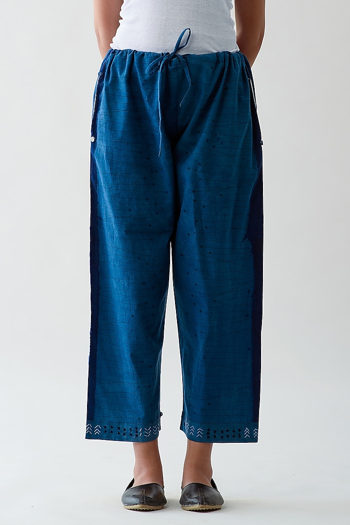 Indigo Blue Hand Embroidered Pants by Jayati Goenka