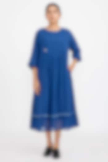 Blue Chiffon & Linen Handcrafted Midi Dress by Jayati Goenka