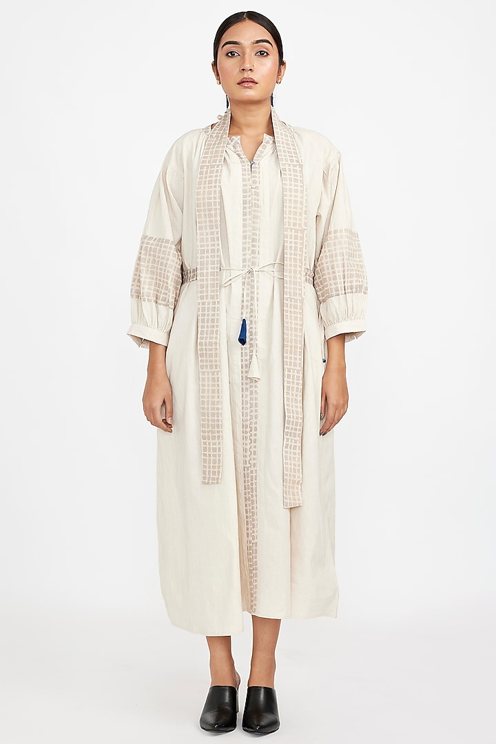 Off-White Cotton Blend Printed Midi Dress by Jayati Goenka at Pernia's Pop Up Shop