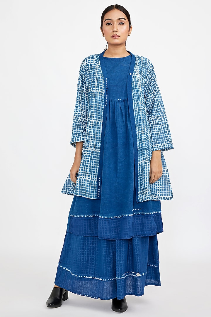 Blue Cotton Blend Printed Jacket Set by Jayati Goenka at Pernia's Pop Up Shop