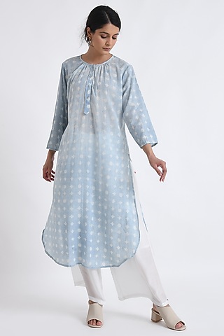 Blue Cotton Block Printed Kurta Set by Jayati Goenka