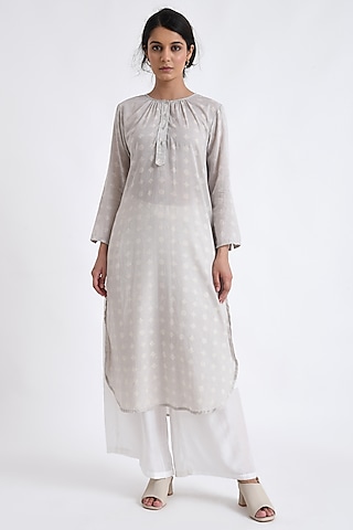 Grey Cotton Block Printed Kurta Set by Jayati Goenka