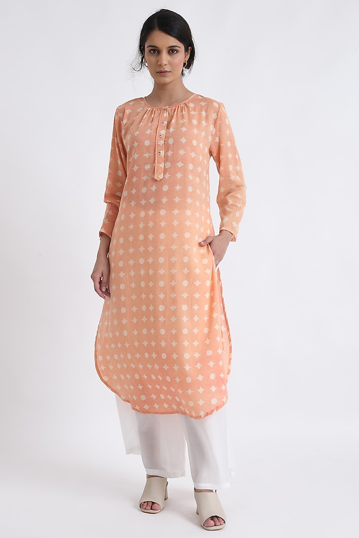 Peach Cotton Block Printed Kurta Set by Jayati Goenka