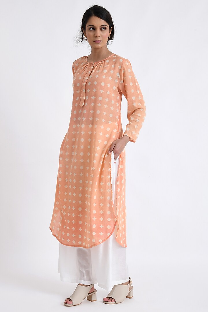 Peach Cotton Block Printed Kurta Set by Jayati Goenka at Pernia's Pop Up Shop