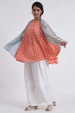 Peach & Blue Cotton Block Printed Co-Ord Set by Jayati Goenka