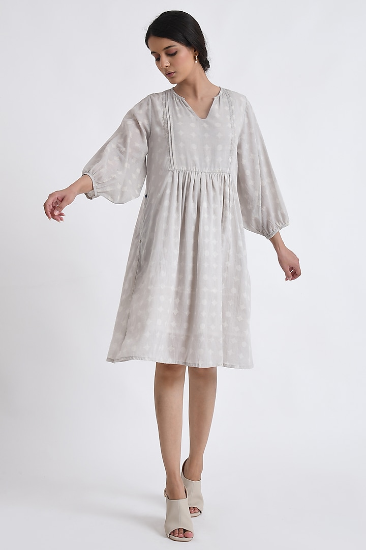 Grey Cotton Block Printed Midi Dress by Jayati Goenka at Pernia's Pop Up Shop