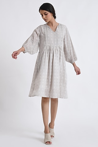 Grey Cotton Block Printed Midi Dress by Jayati Goenka
