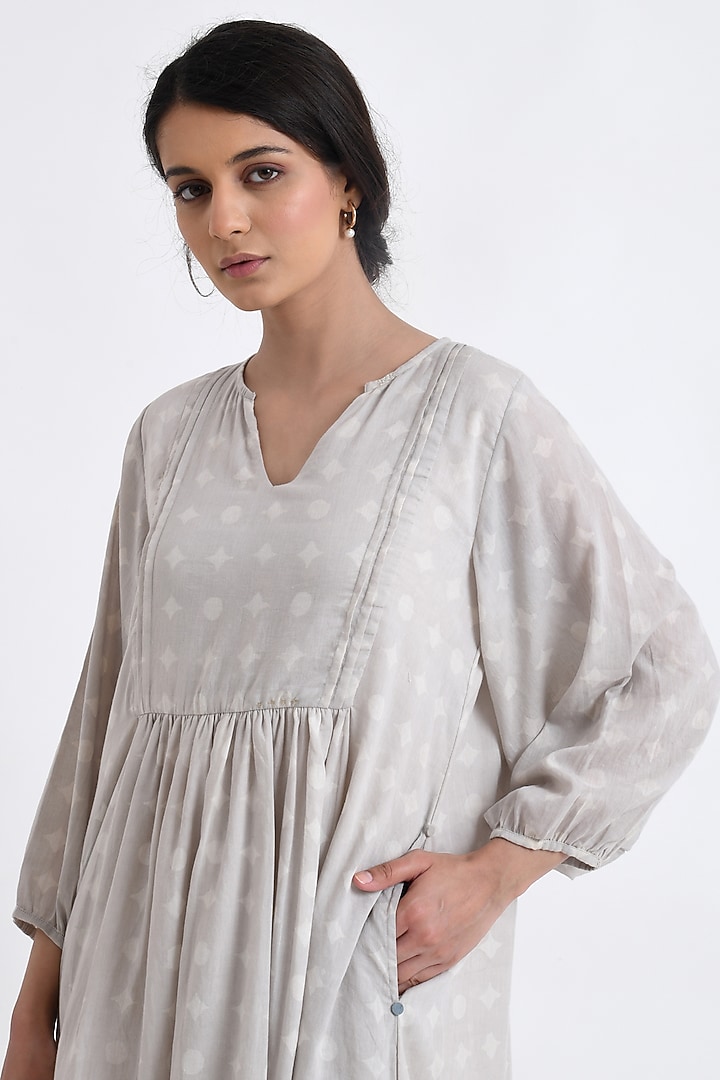 Grey Cotton Block Printed Midi Summer Dress by Jayati Goenka at Pernia's Pop Up Shop