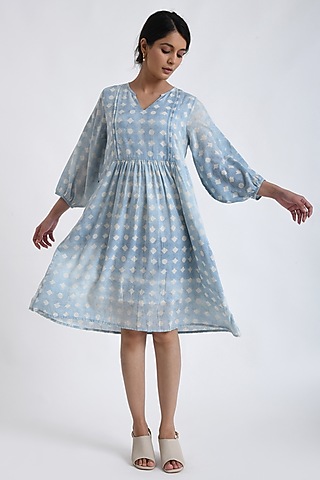 Blue Cotton Block Printed Midi Dress by Jayati Goenka