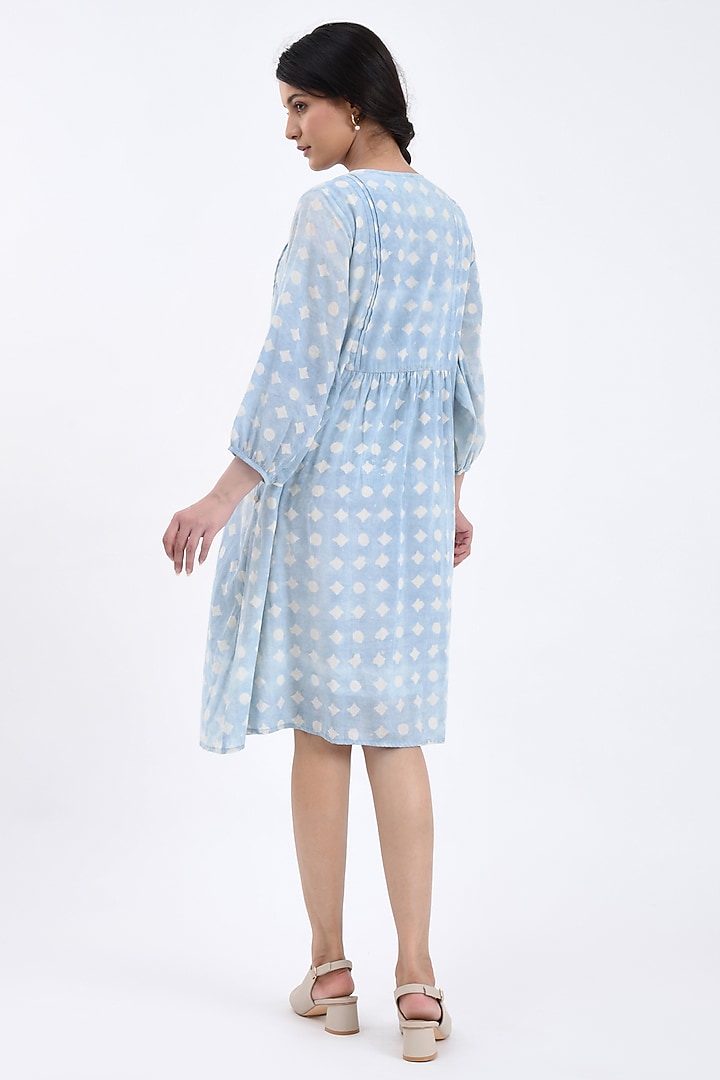 Blue Cotton Block Printed Midi Summer Dress by Jayati Goenka at Pernia's Pop Up Shop
