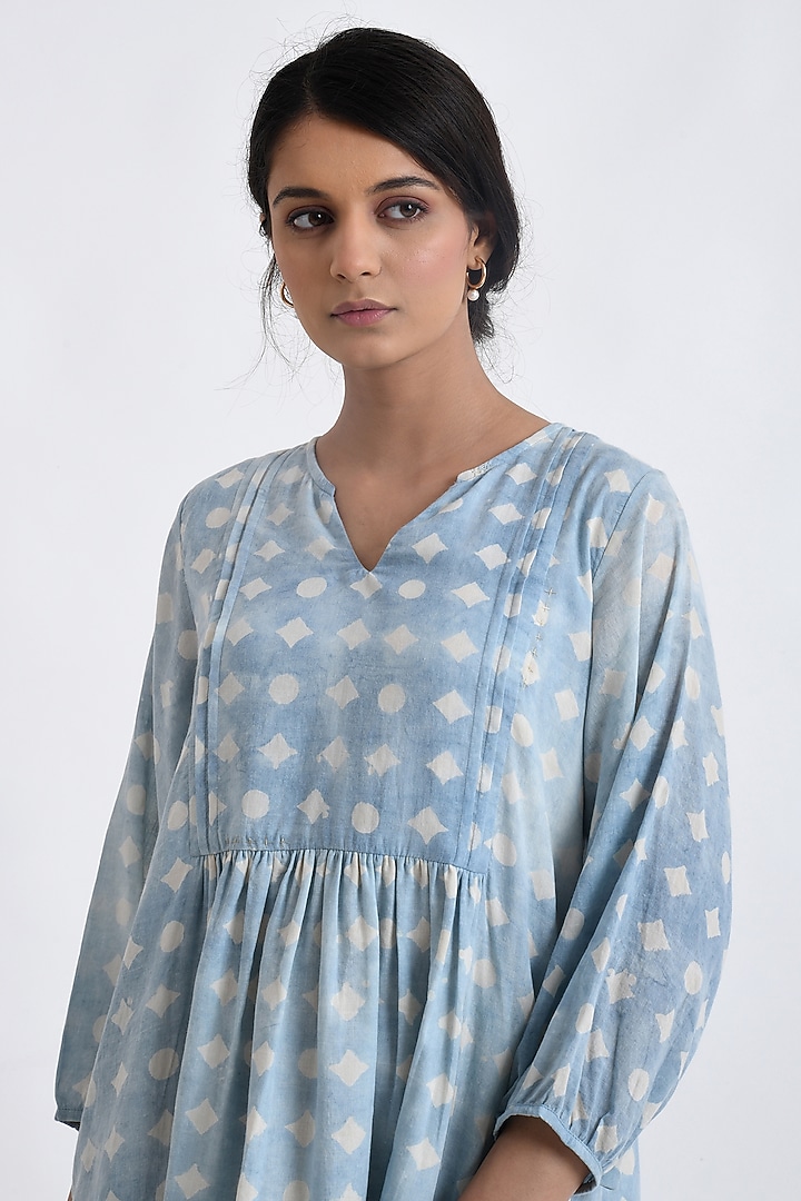 Blue Cotton Block Printed Midi Summer Dress by Jayati Goenka at Pernia's Pop Up Shop