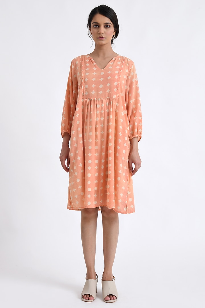 Orange Cotton Block Printed Midi Dress by Jayati Goenka at Pernia's Pop Up Shop