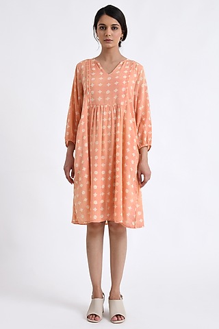 Orange Cotton Block Printed Midi Dress by Jayati Goenka