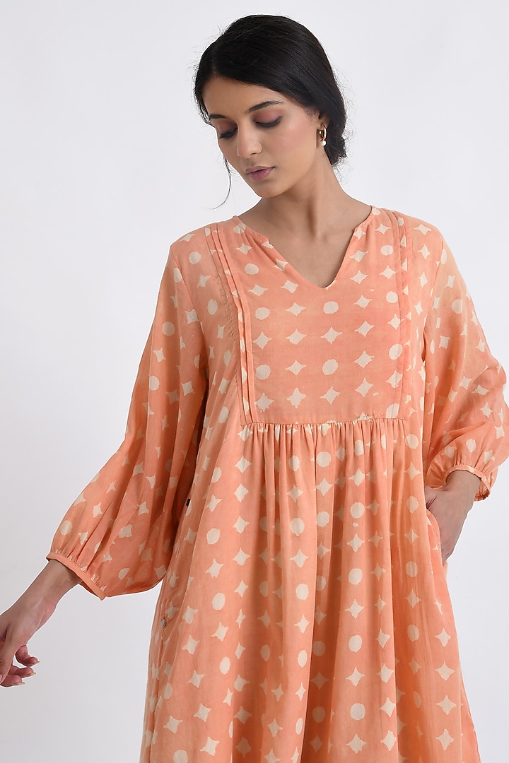 Orange Cotton Block Printed Midi Summer Dress by Jayati Goenka at Pernia's Pop Up Shop