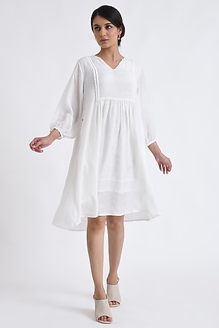 White Cotton Block Printed Midi Dress by Jayati Goenka