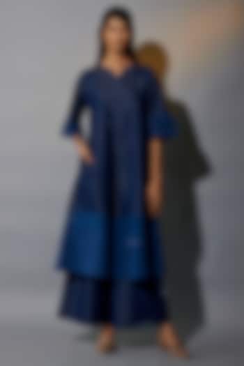 Blue Denim Handblock Printed Long Solid Tunic Set by Jayati Goenka