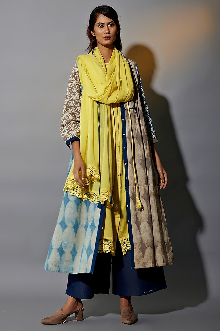 Yellow Natural Dyed Cotton Blend Tunic Set by Jayati Goenka