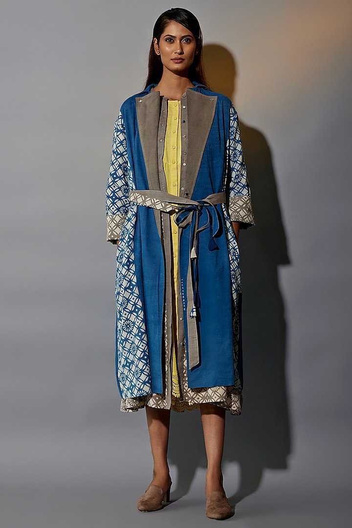 Blue & Yellow Natural Dyed Cotton Blend Handblock Printed Jacket Dress by Jayati Goenka