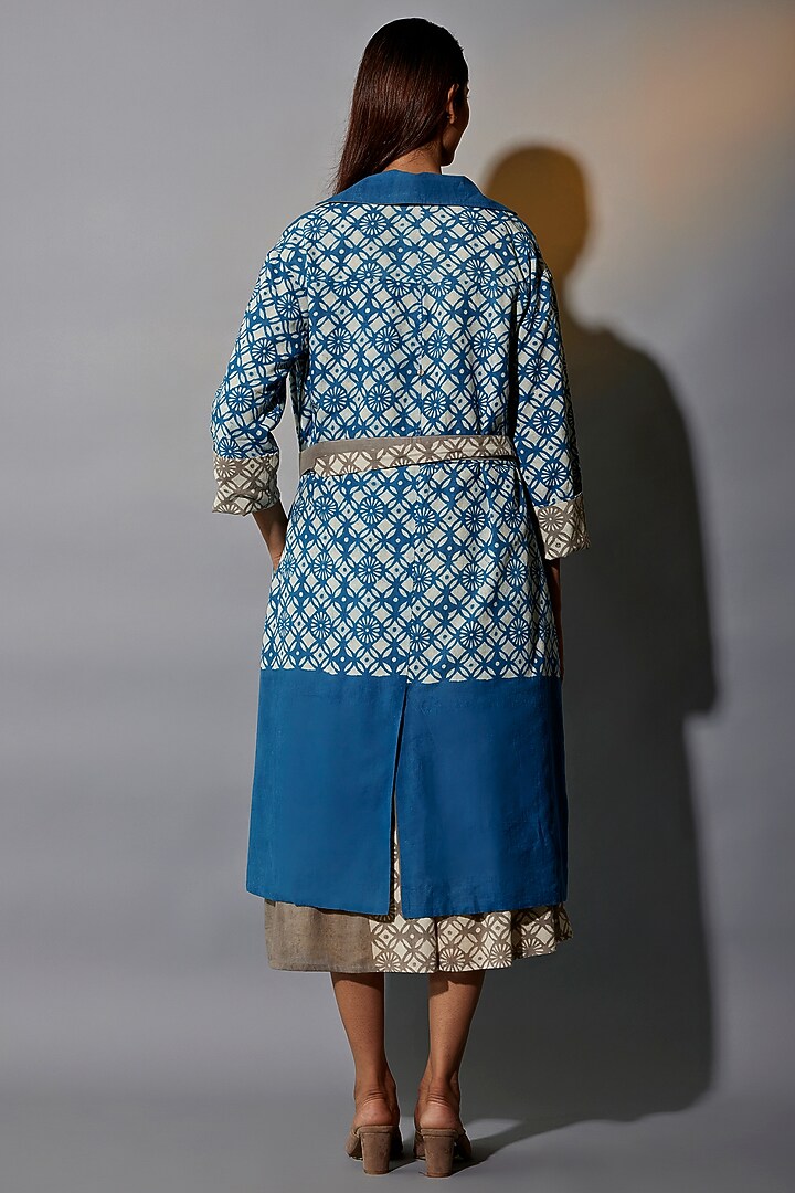Blue & Yellow Natural Dyed Cotton Blend Handblock Printed Jacket Summer Dress by Jayati Goenka at Pernia's Pop Up Shop