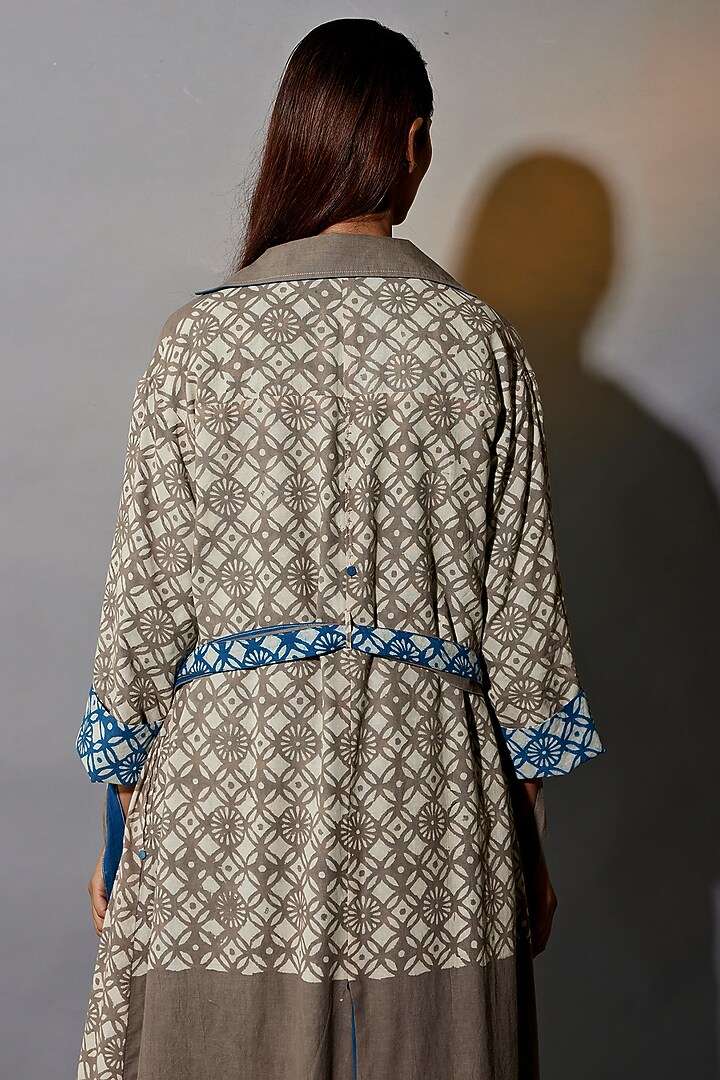 Blue & Yellow Natural Dyed Cotton Blend Handblock Printed Jacket Summer Dress by Jayati Goenka at Pernia's Pop Up Shop