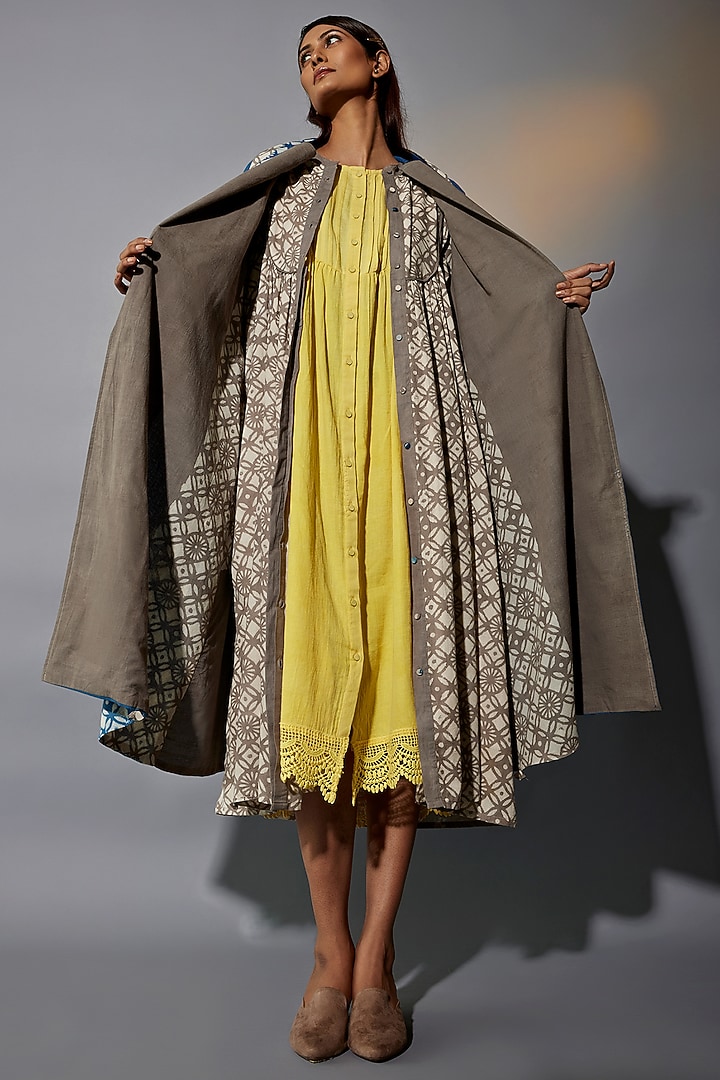 Blue & Yellow Natural Dyed Cotton Blend Handblock Printed Jacket Summer Dress by Jayati Goenka at Pernia's Pop Up Shop