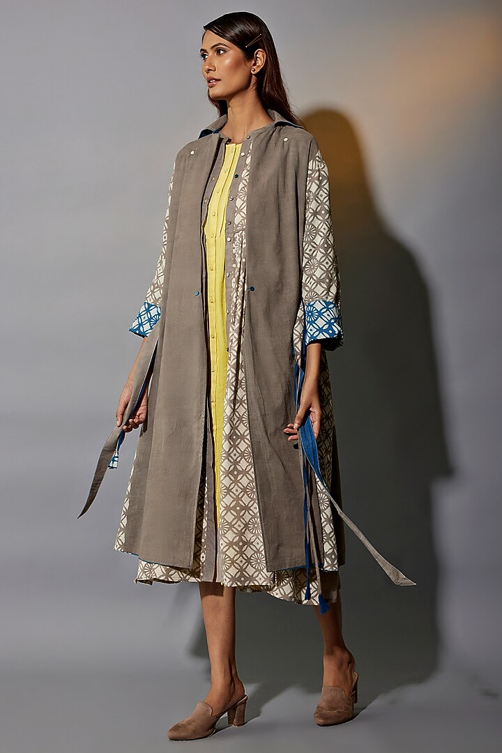 Blue & Yellow Natural Dyed Cotton Blend Handblock Printed Jacket Summer Dress by Jayati Goenka at Pernia's Pop Up Shop