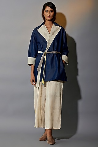 Beige & Blue Natural Dyed Cotton Blend Hand Block Printed Jacket Set by Jayati Goenka