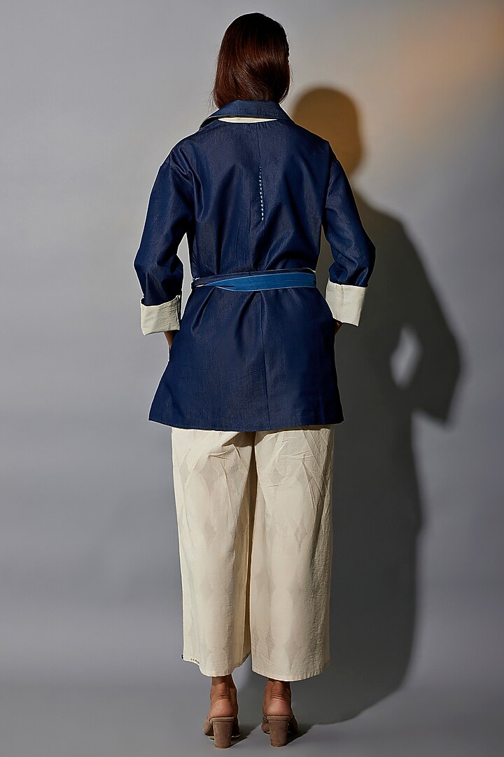 Beige & Blue Natural Dyed Cotton Blend Hand Block Printed Jacket Set by Jayati Goenka at Pernia's Pop Up Shop