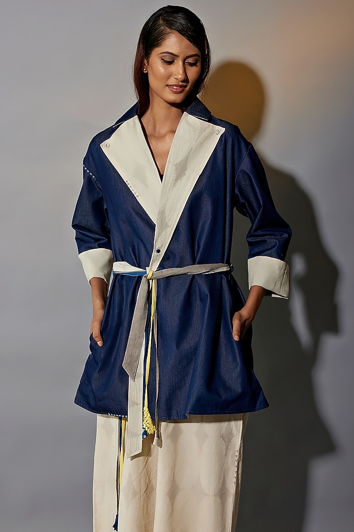 Beige & Blue Natural Dyed Cotton Blend Hand Block Printed Jacket Set by Jayati Goenka at Pernia's Pop Up Shop