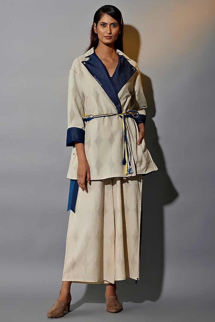 Beige & Blue Natural Dyed Cotton Blend Hand Block Printed Jacket Set by Jayati Goenka at Pernia's Pop Up Shop