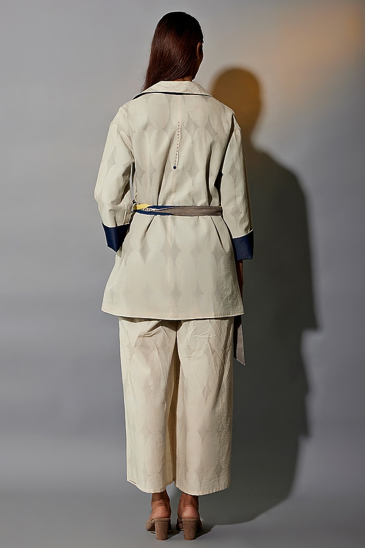 Beige & Blue Natural Dyed Cotton Blend Hand Block Printed Jacket Set by Jayati Goenka at Pernia's Pop Up Shop