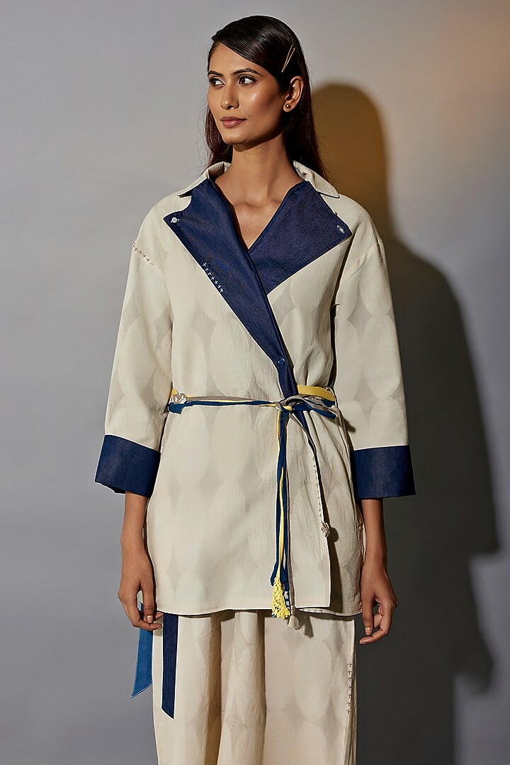 Beige & Blue Natural Dyed Cotton Blend Hand Block Printed Jacket Set by Jayati Goenka at Pernia's Pop Up Shop