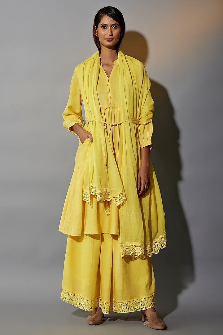 Yellow Natural Dyed Cotton Blend Handblock Printed Tunic Set by Jayati Goenka